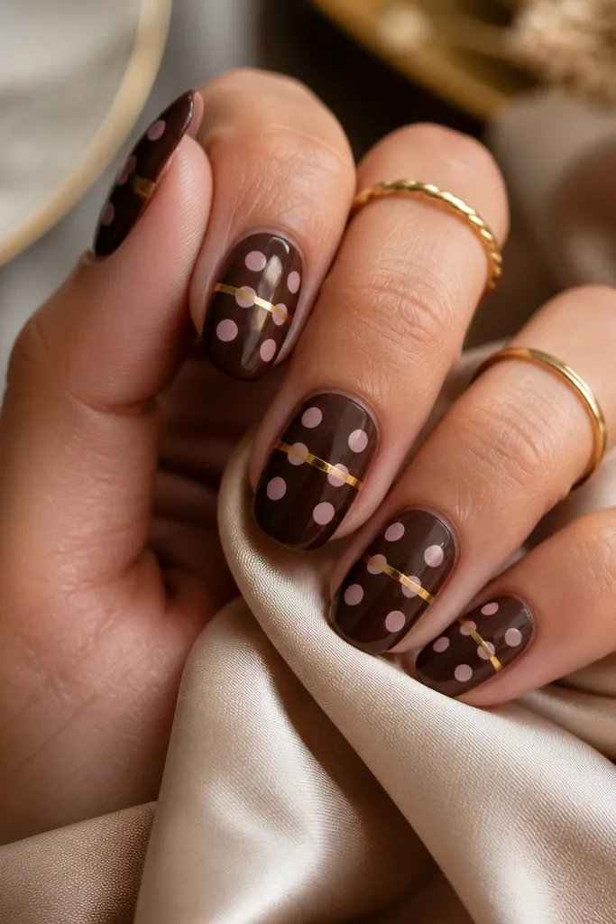 Chocolate brown nails with medium blush pink polka dots. A thin metallic gold line runs horizontally across the middle of each nail, cutting through the dots. The dots look slightly bisected by the gold stripe.