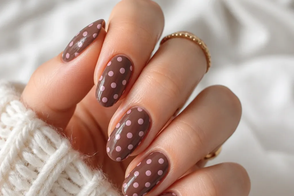 Easy Brown Pink Polka Dot Nails