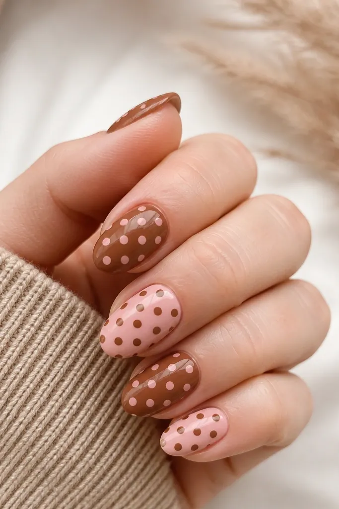 Easy Brown Pink Polka Dot Nails