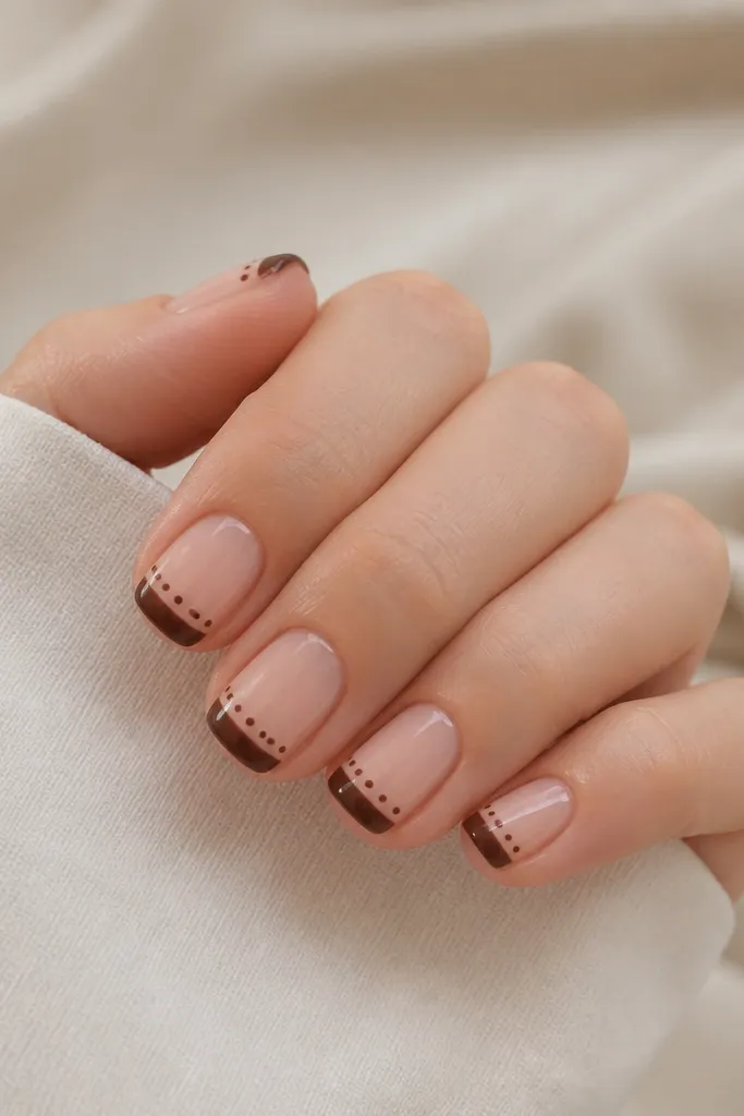 Short square nails with a nude base. The tips are painted a deep chocolate brown. Over the tips, tiny evenly spaced brown dots repeat in a neat row.