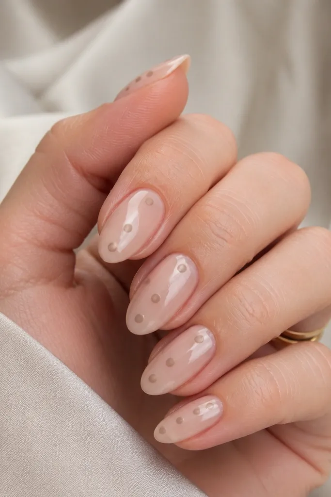 Medium almond nails with a sheer nude jelly base. Over the center, medium milk-taupe dots are spaced in a loose vertical line pattern.