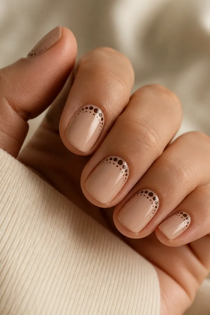 Short oval nails with a warm nude base. Near the cuticle, there's a half-moon band of espresso brown dots fading from larger at the center to smaller on the sides.