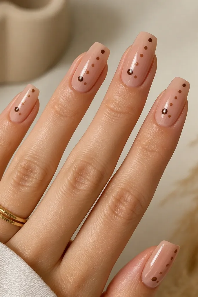 Medium coffin nails with a clear nude base. A diagonal line of alternating small and medium brown dots runs from lower left to upper right, leaving lots of bare space between dots.