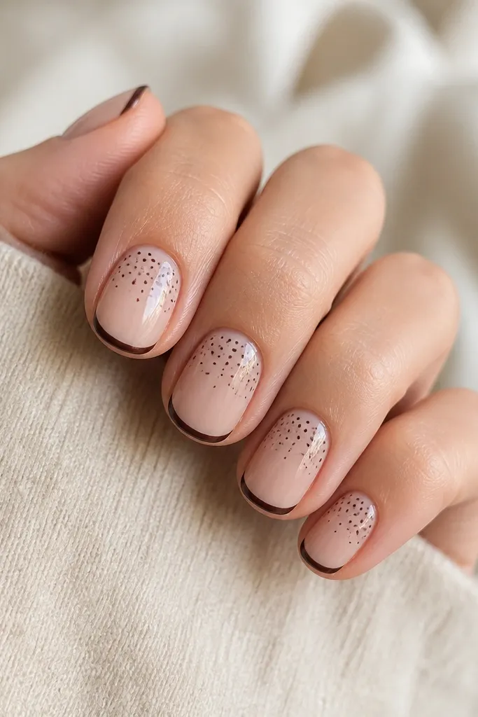 Short rounded nails with a very thin micro-French line in dark brown. The rest of the nail is nude with scattered small brown dots concentrated near the tip and across the upper half.