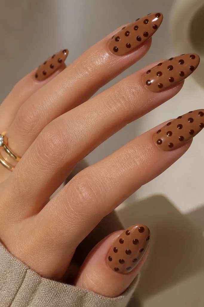 Long almond nails with a caramel-brown base. Over it, glossy chocolate dots are evenly spaced in a grid-like pattern from cuticle to tip.