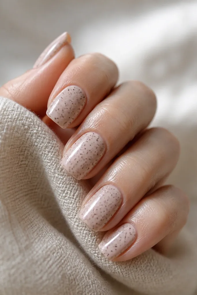 Medium square nails with an oat-latte nude base. Tiny brown dots look like confetti, scattered across the whole nail with no single pattern line.