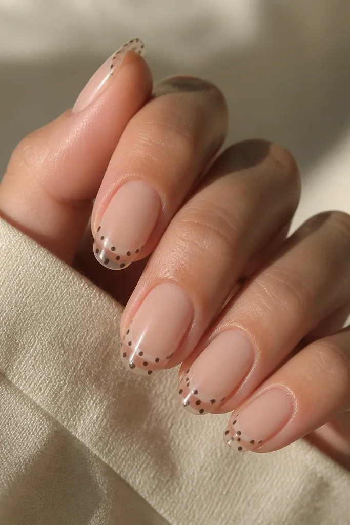 Nails with a nude base near the cuticle and clear or very sheer tips. Brown dots sit on the clear tip area like a reverse French pattern.