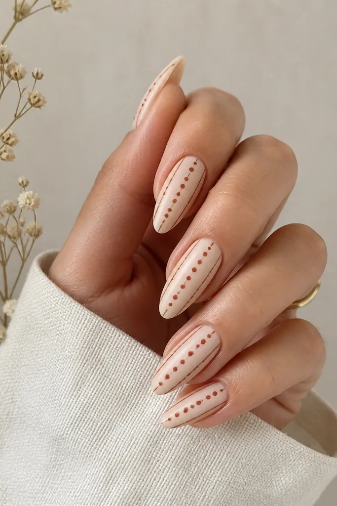 Almond nails with a creamy nude base. Thin vertical nude stripes run down the nail, and terracotta-brown dots sit on either side of the stripes.