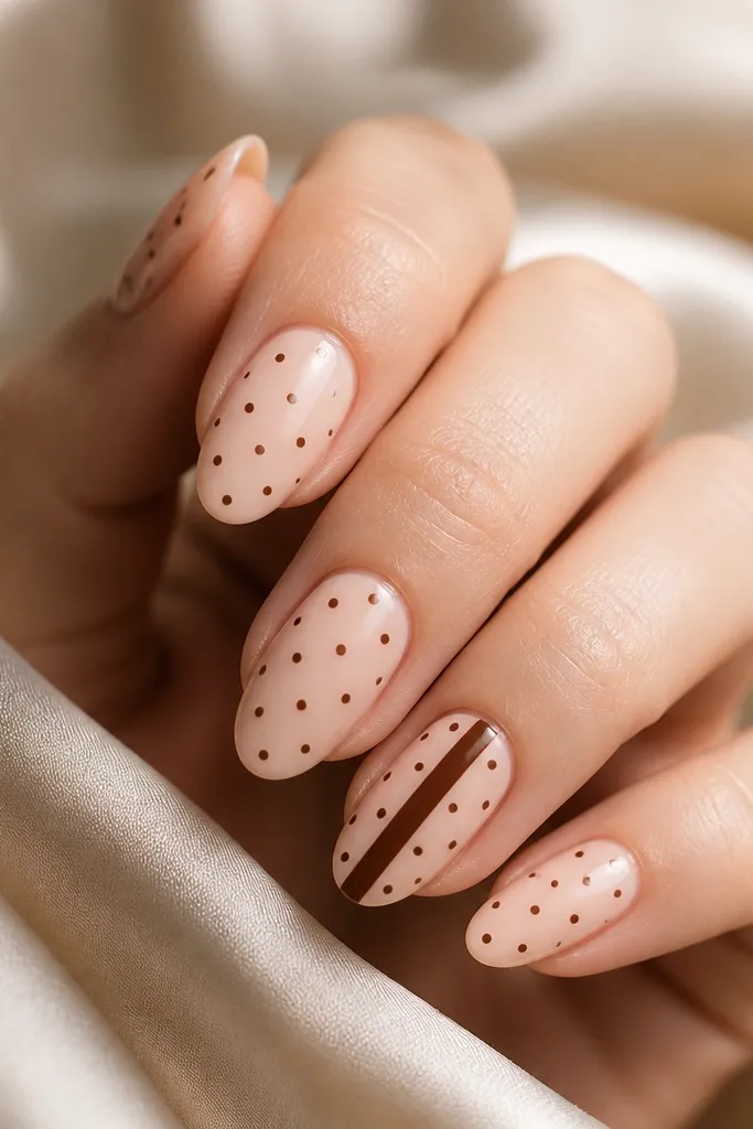 Four nails show small brown dots on a nude base. One accent nail has the same nude base with a single thick vertical brown stripe and dots scattered near the stripe.