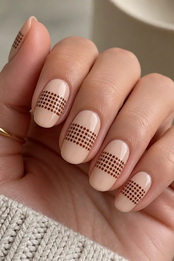 Nails with a nude base. Across the middle third, there's a wide band packed with brown polka dots, leaving clear negative space above and below.