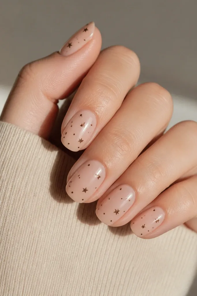 Nude nails with tiny brown polka dots scattered lightly. On each nail, one dot near the center is replaced by a small star-shaped brown mark.