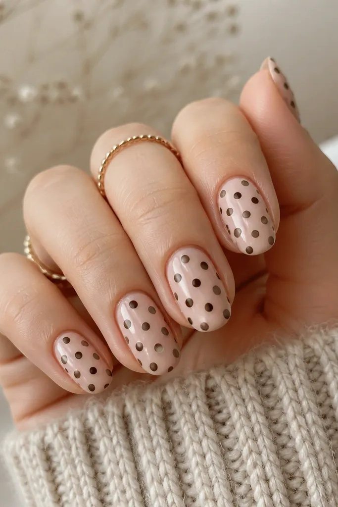 Nails with a nude base. Dots alternate between light taupe and dark chocolate in a neat check-like pattern across the nail surface.