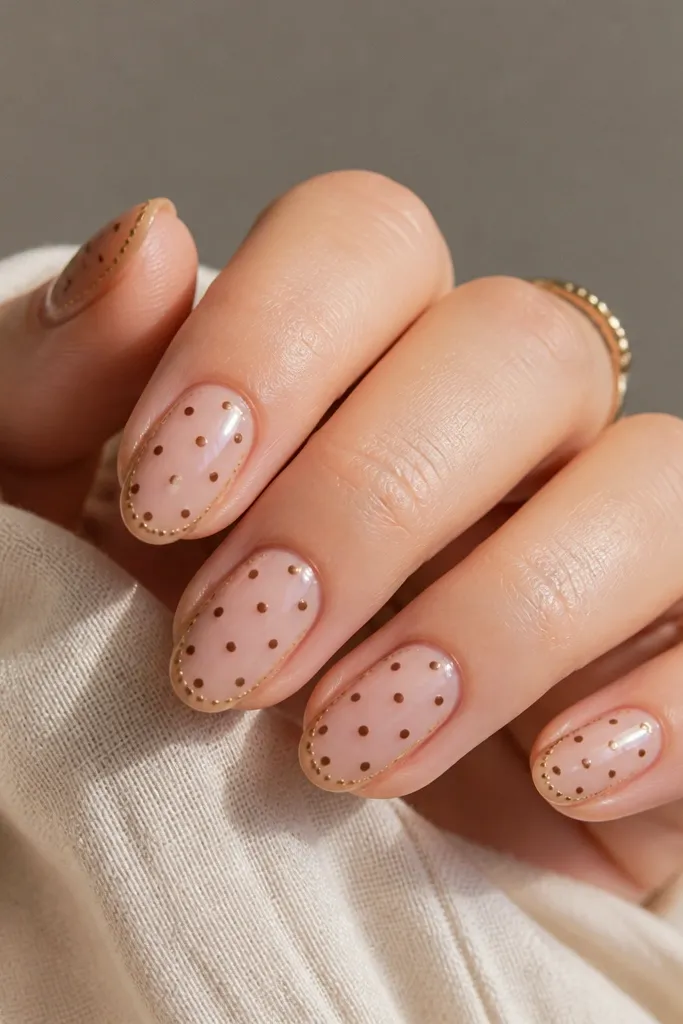 Nails with nude base. Near the edges, there's a thin line of tiny gold dots. Inside the border, there are brown polka dots in a scattered pattern.