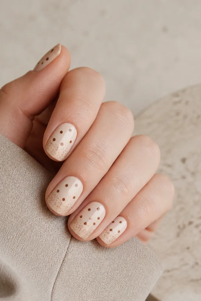 Nails with a light beige base. The lower half has a subtle speckled brown pattern. Over the upper half, there are crisp brown polka dots spaced evenly.