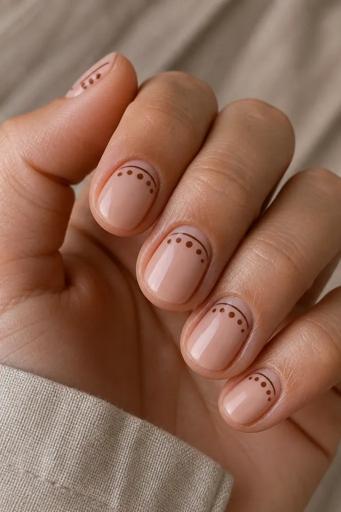 Short nails with nude base. A thin curved line in chocolate sits just above the cuticle. Brown polka dots sit below and slightly to the sides of that curved line.