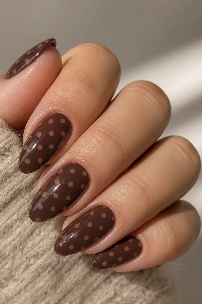 Medium almond nails with a deep mocha jelly base. On top, lighter brown polka dots are scattered in a loose pattern with glossy shine.