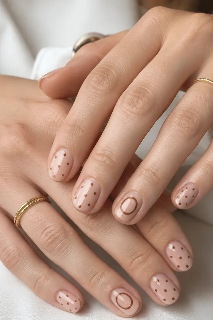 Nude nails with brown polka dots. One nail on each hand has a single large brown outlined circle (like a ring) made with a dot tool effect.