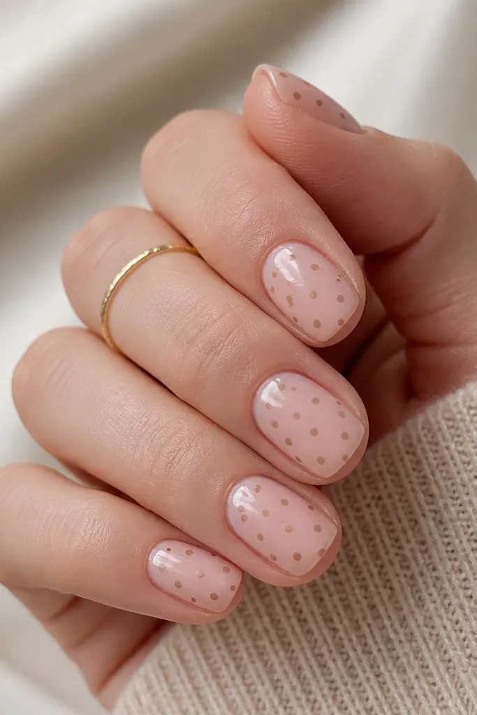 Short squoval nails with a clear pink base that looks like sheer blush. Tan polka dots are spaced evenly from cuticle to tip.
