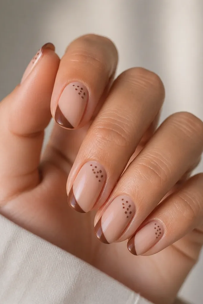 Nails with a nude base. A diagonal French tip runs across the top corner in brown. In that same top corner, there's a cluster of small brown polka dots.