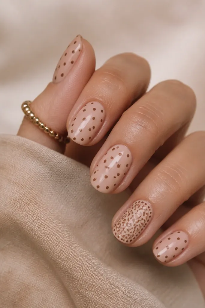 Most nails have nude base with small brown polka dots. One accent nail has a micro leopard pattern in lighter tan and brown, with tiny polka dots around the border.