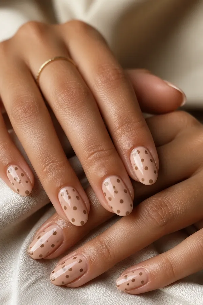 Nude nails with medium brown polka dots. Each dot has a subtle lighter brown halo offset slightly, like a shadow effect.