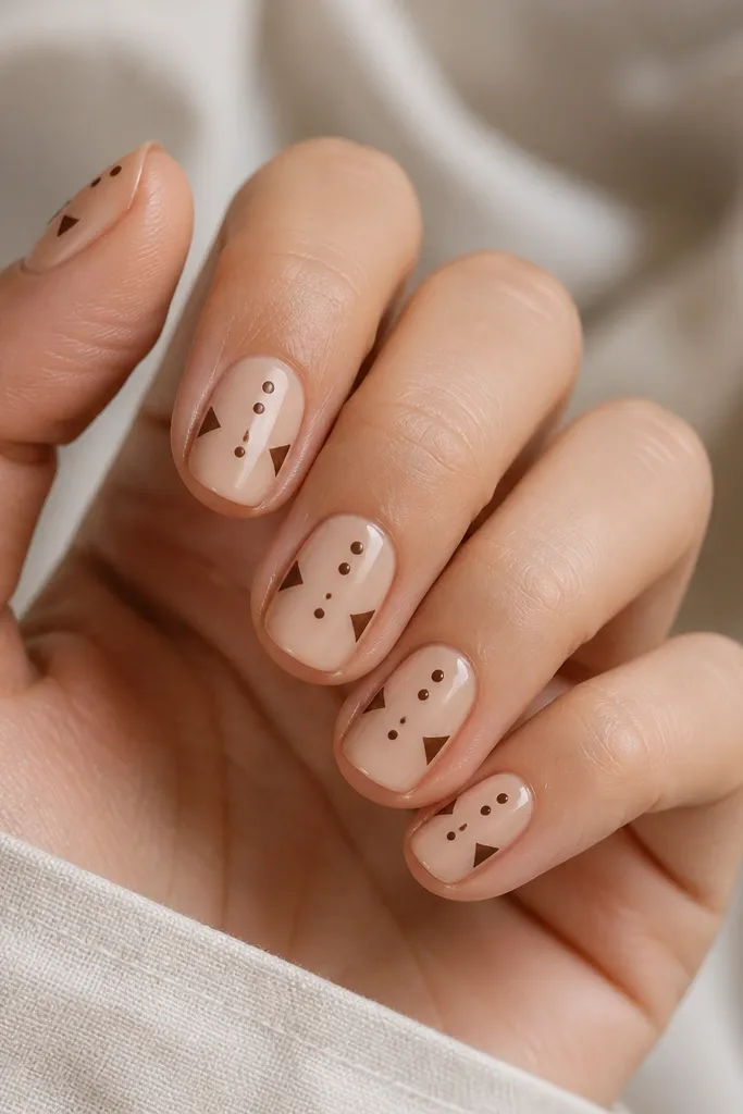 Nails with nude base. On each side near the middle, there are small brown triangular shapes pointing toward the center. Brown polka dots sit in the center area between the triangles.