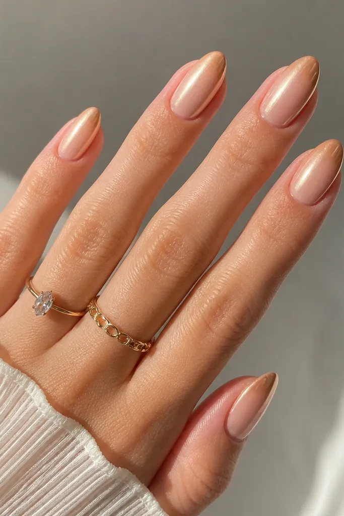 Short almond nails with a nude base fading into a peachy ombre at the tip; mirror champagne chrome covers the mid-to-tip area, leaving the base semi-sheer.