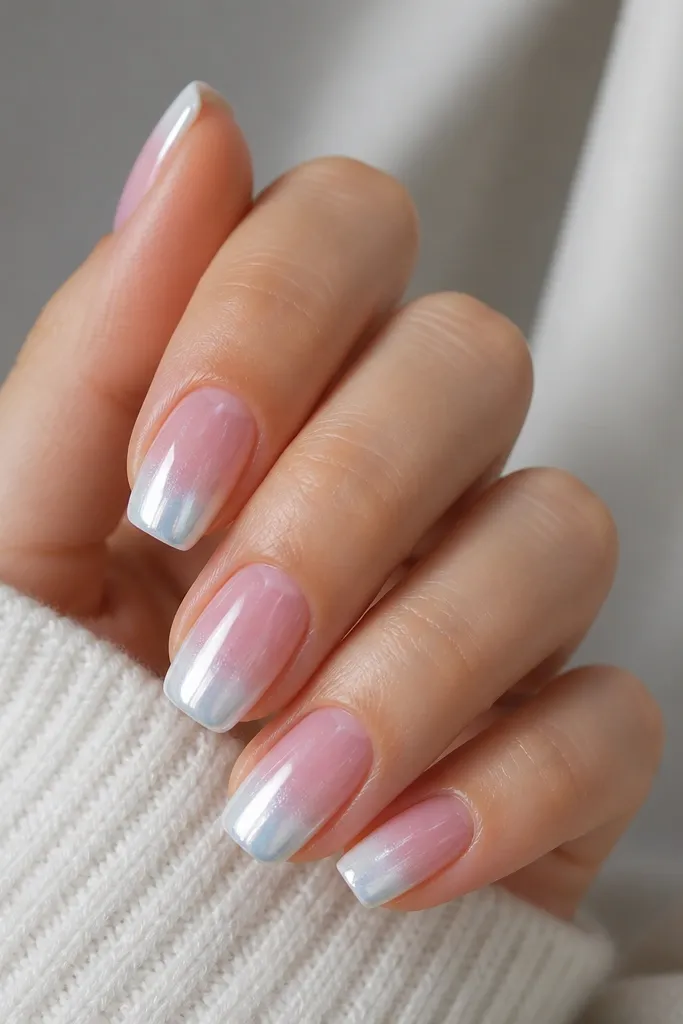 Medium squoval nails with an icy pink ombre that fades into milky white near the free edge; silver-icy chrome is concentrated on the brightest white section.
