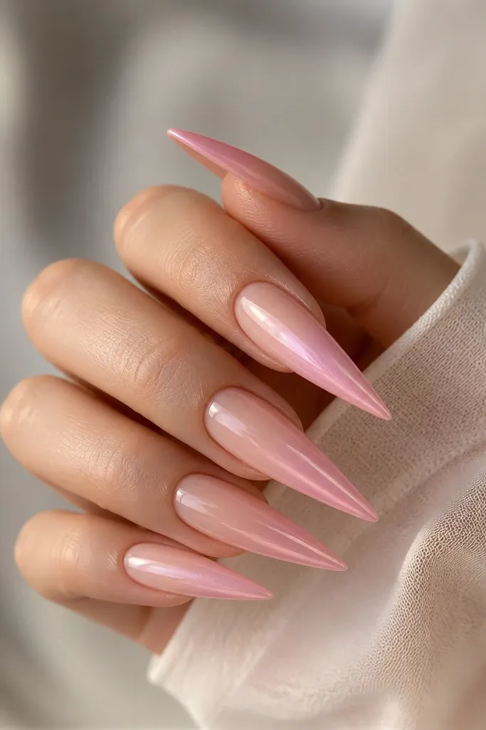 Long stiletto nails with a rose quartz pink ombre fading into nude pink; pearl chrome creates a soft sheen mainly on the center and tip.