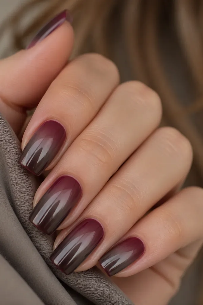 Square nails with deep plum at the tips fading into smoky taupe; dark mirror chrome is applied to the taupe zone for a smoky reflection.