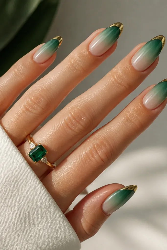 Almond nails with emerald green ombre fading into sheer greenish nude; gold chrome is only on the very tip band, leaving the rest glossy.