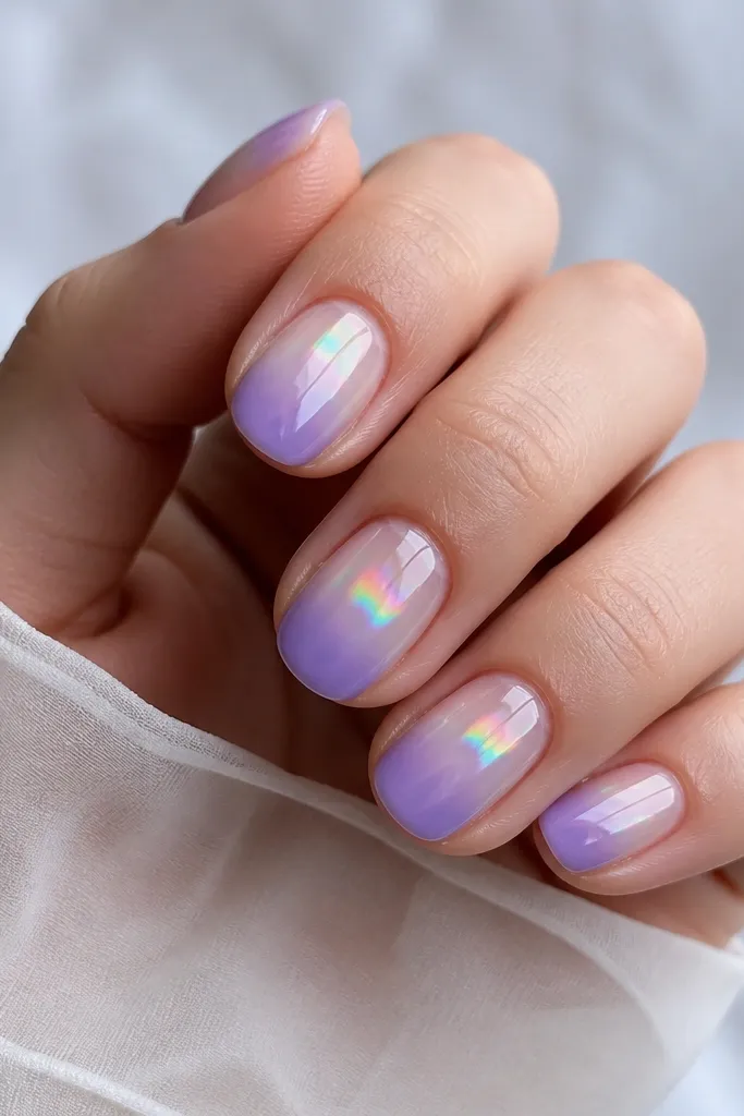 Short oval nails with lavender ombre fading into a clear jelly middle; prismatic chrome reflects rainbow tones across the gradient.