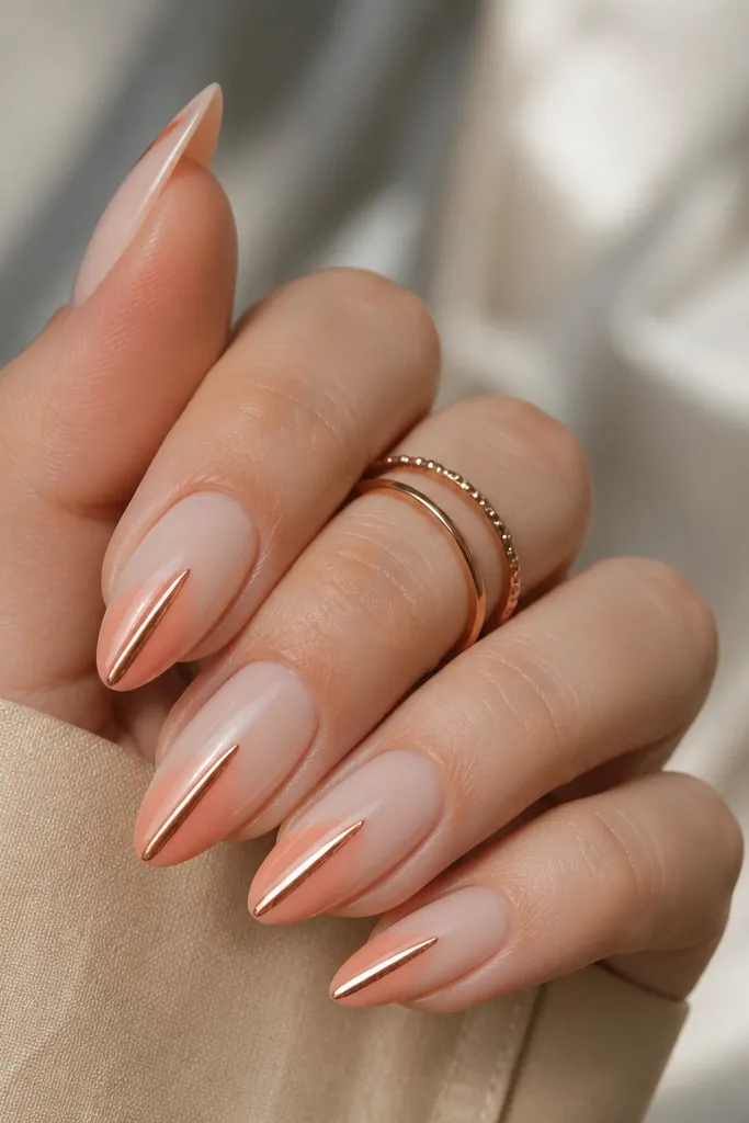 Almond nails with peach ombre fading to nude; a rose gold chrome stripe runs vertically down the center from mid-nail to tip.