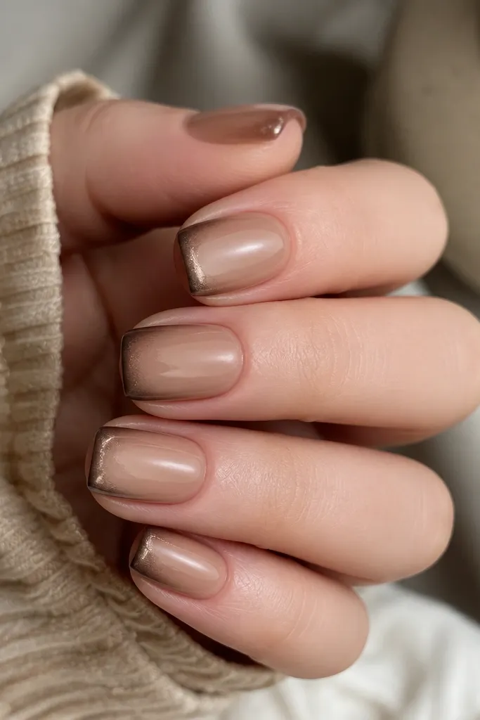 Short squoval nails with milk tea brown ombre fading into creamy beige; mocha chrome is concentrated on the tips.