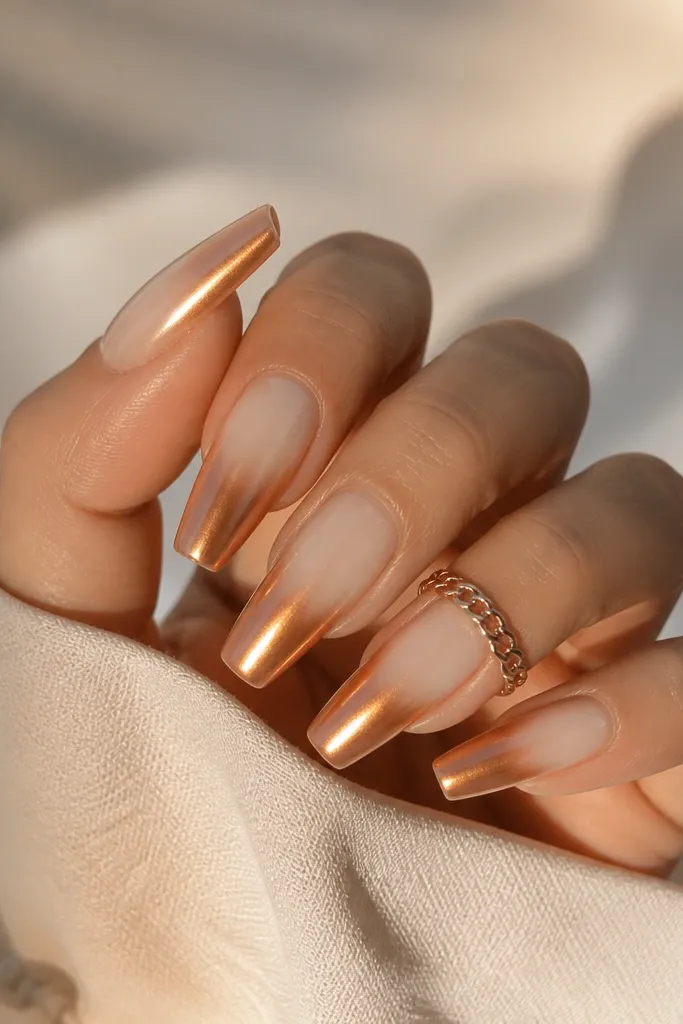 Coffin nails with sand beige ombre fading into sheer beige; copper chrome covers the mid-to-tip with a warm sunset shine.