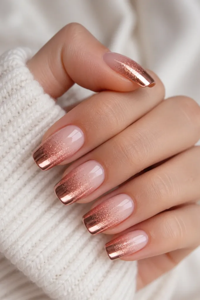 Squoval nails with rose gold ombre fading from nude; micro glitter is blended into the tip and rose gold chrome covers the glitter area.