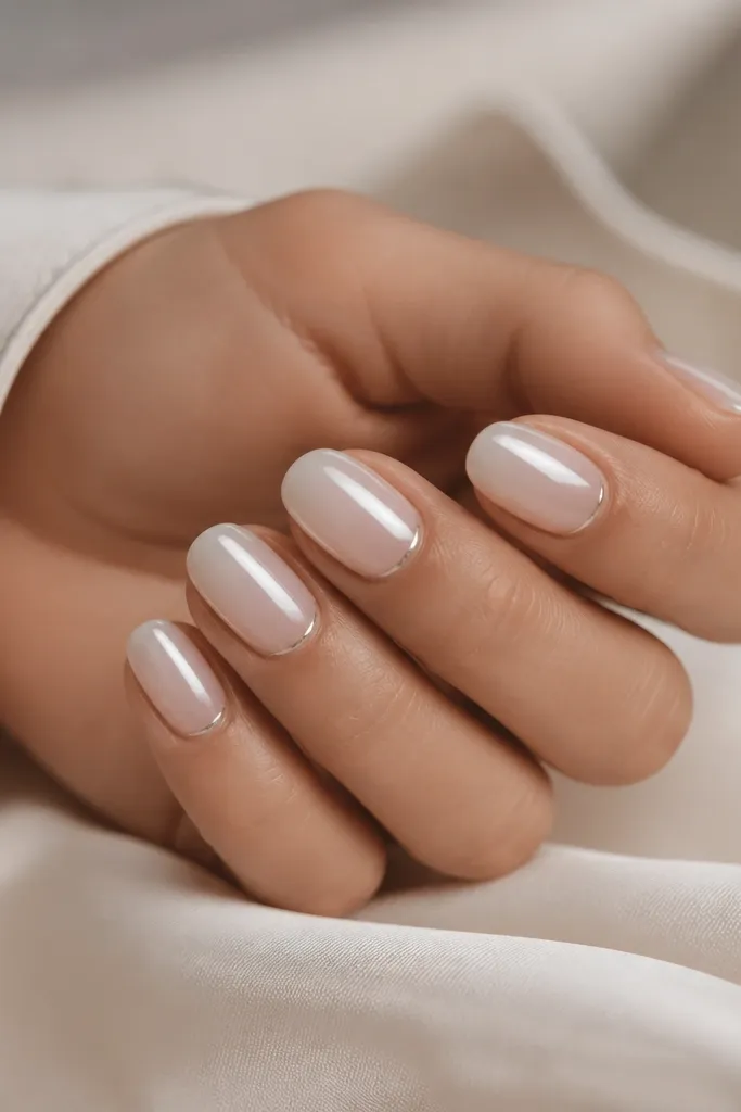 Short oval nails with pearl white ombre fading from cuticle glow into sheer nude; silver chrome is applied around the cuticle area in a soft crescent.