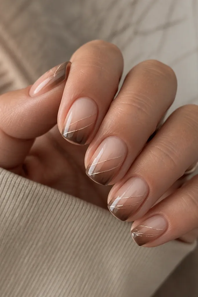 Short squoval nails with nude-to-brown ombre tips; thin rose chrome micro-lines run diagonally across the gradient.