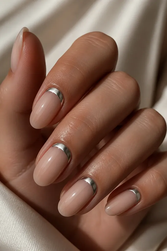Medium oval nails with milky nude ombre into a slightly deeper nude at the tip; a silver chrome half-moon sits around the cuticle.