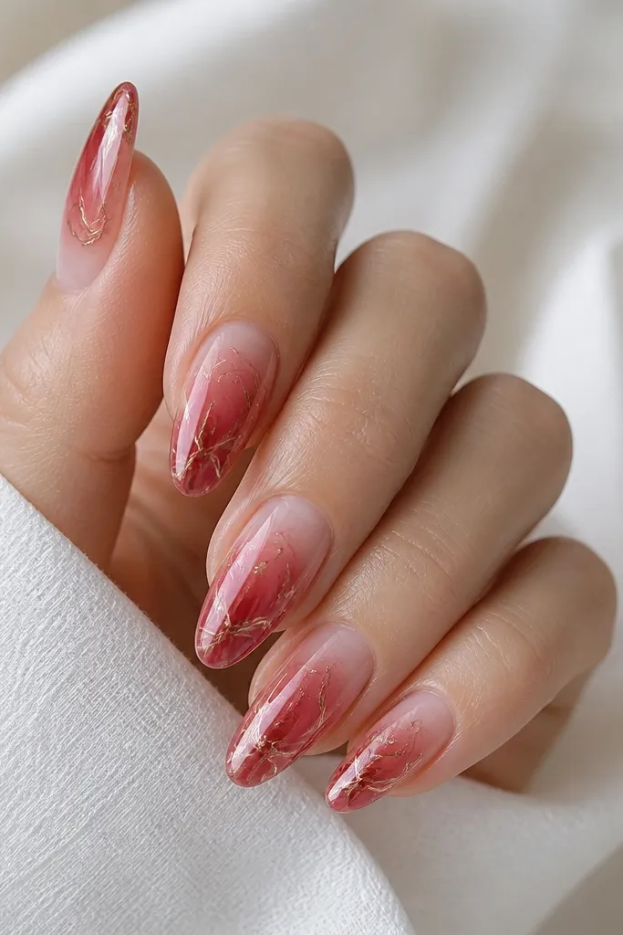 Almond nails with red rose ombre fading into sheer pink; rose gold chrome forms thin marble-like swirls across the mid-to-tip.
