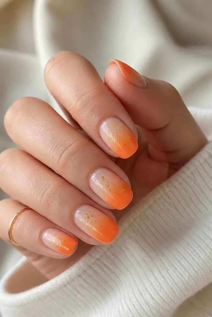 Short oval nails with orange cream ombre fading to a pale nude; gold chrome confetti specks are scattered lightly near the tip.
