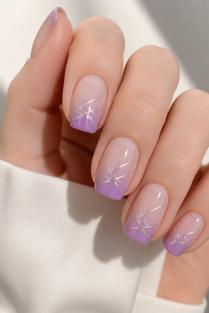 Medium squoval nails with lavender ombre fading into sheer pearl; thin silver chrome crisscross lines run from side to side over the gradient.