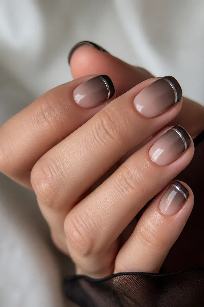 Short squoval nails with sheer black ombre at the tips fading into sheer nude; silver chrome creates a thin French-like band across the tip.