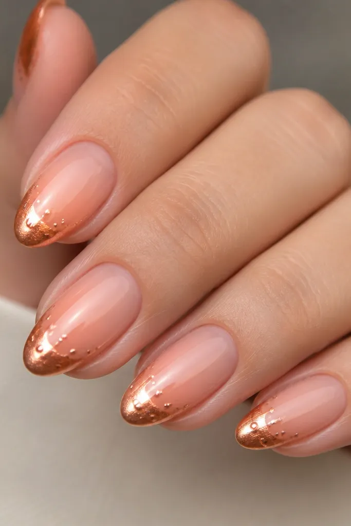 Medium almond nails with soft peach ombre fading into nude; copper chrome is applied on the tip area and tiny stud-like dots sit on top of the shine.