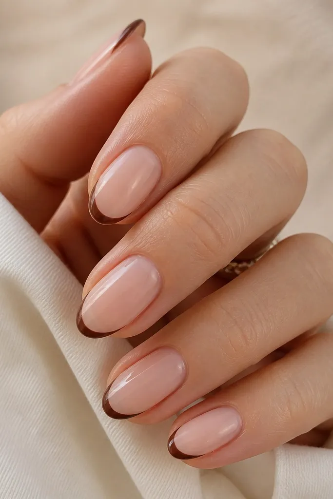 Short nails with a nude-beige base. A very thin espresso-brown French line sits right at the tip, with a crisp, straight curve and glossy shine.