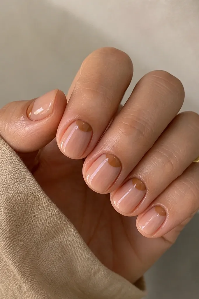 Short nails with a sheer warm nude base. A caramel-brown half-moon sits right at the cuticle, glossy and neatly centered.