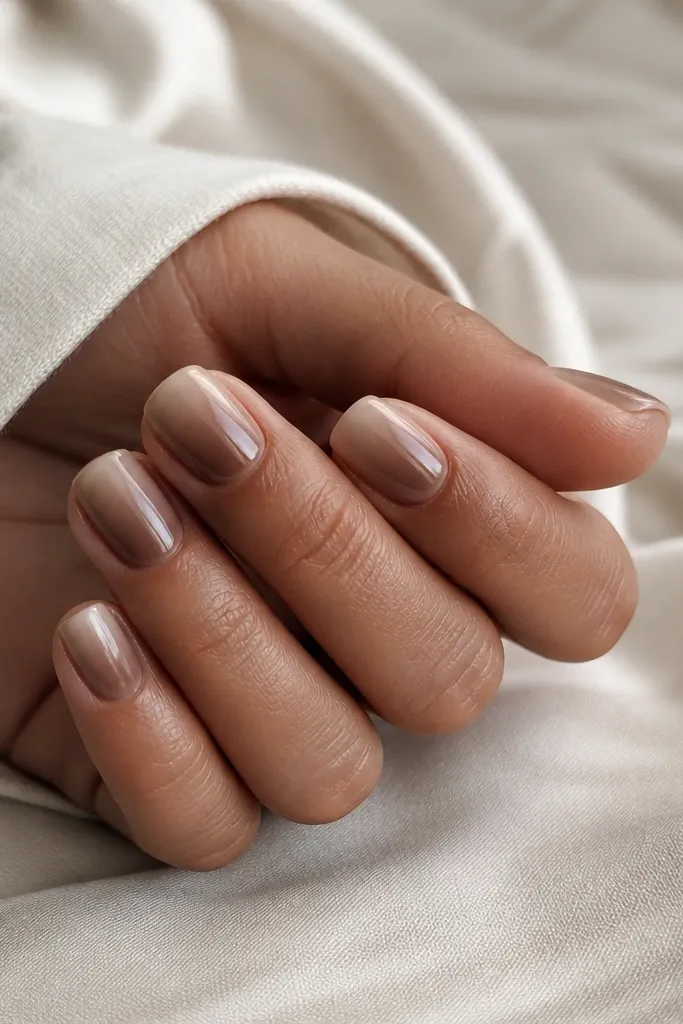 Short nails with a warm medium brown at the center fading into lighter taupe toward the sides and edges. Glossy finish, smooth blend with no harsh lines.