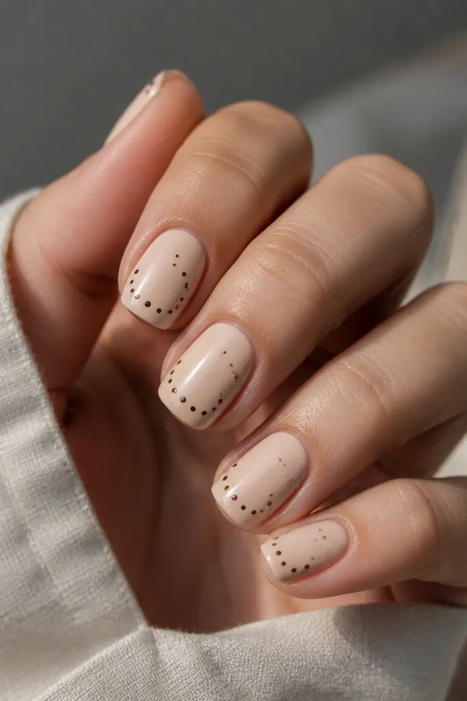 Short nails with an oat-nude base. Scattered tiny dots in chocolate brown appear near the tip and a few along the side, glossy and evenly spaced.