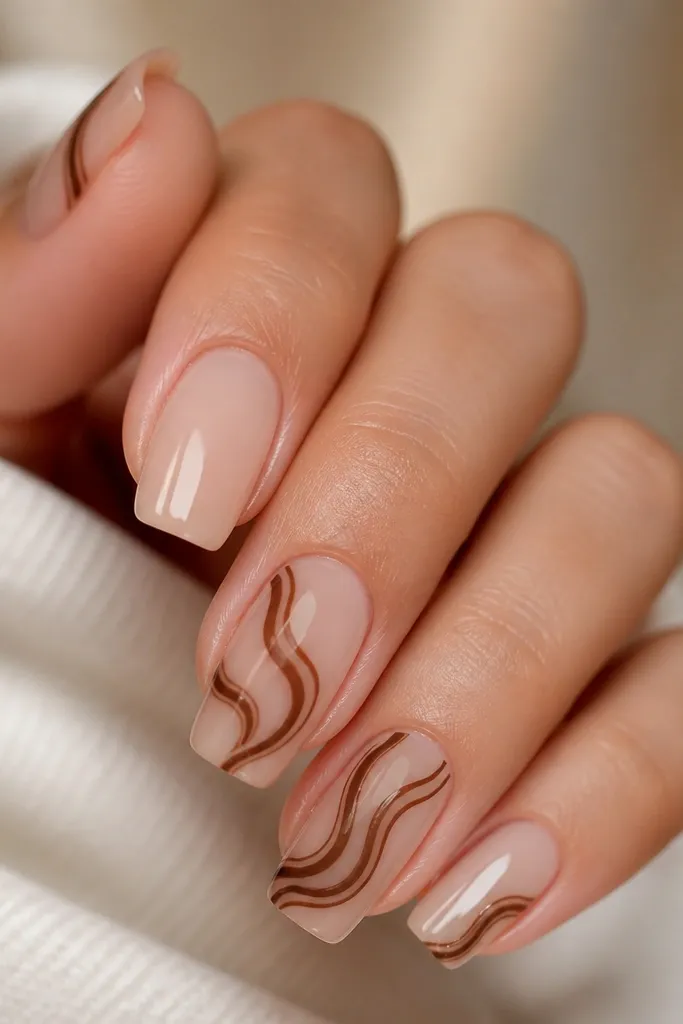 Short nails with a nude base. On each nail there's a single thin brown swirl starting near the cuticle and curling toward the side, glossy.