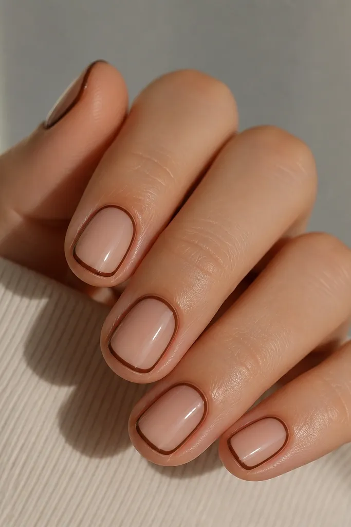 Short nails with a nude base. A thin brown border frames the nail edges, leaving the center mostly nude, glossy and symmetrical.